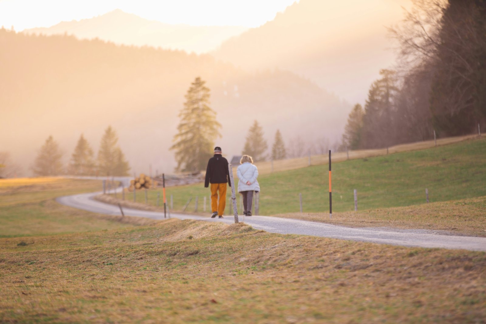 Retired couple walking together outdoors