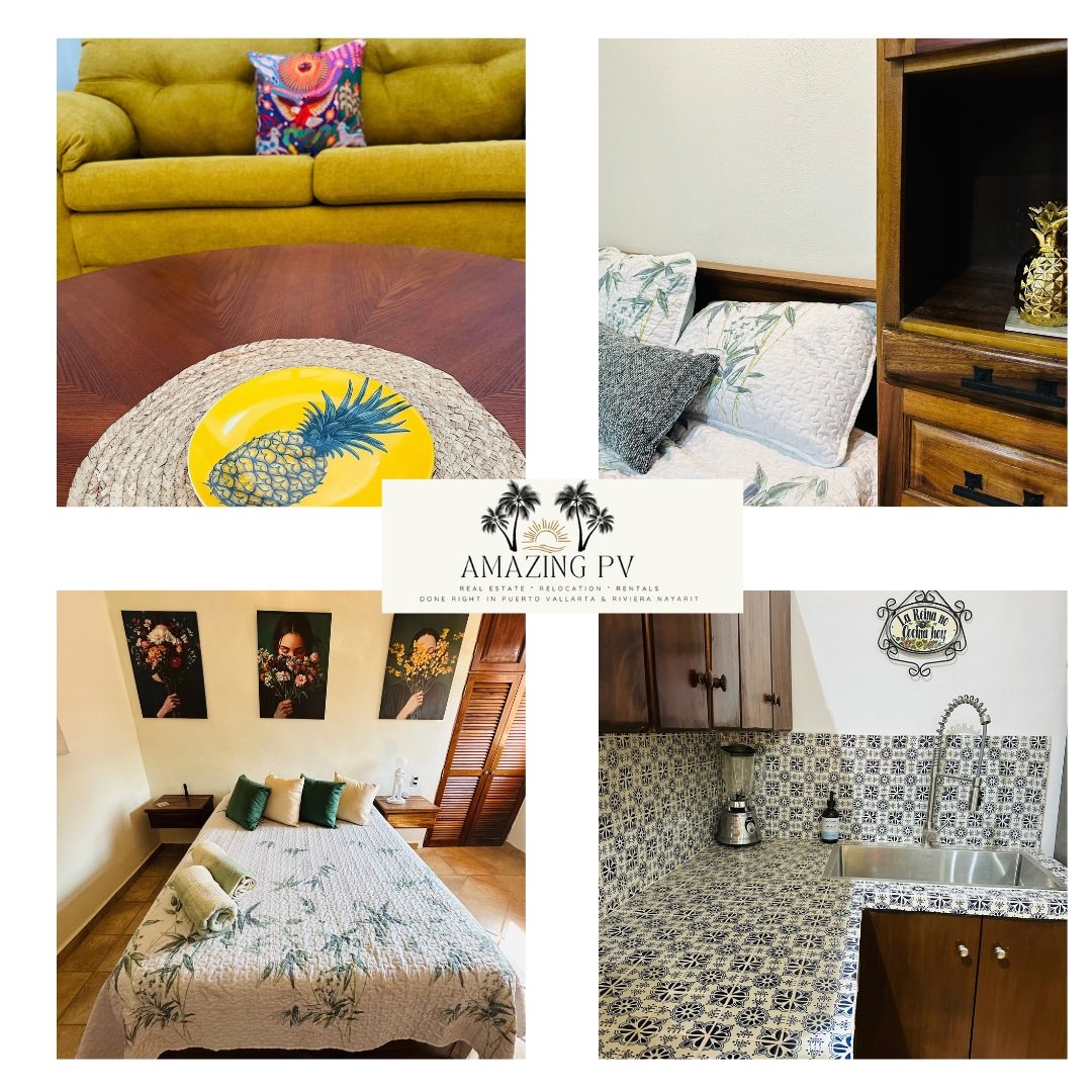 Furnished home interiors featuring a colorful living room, botanical bedroom, and patterned-tile kitchen.