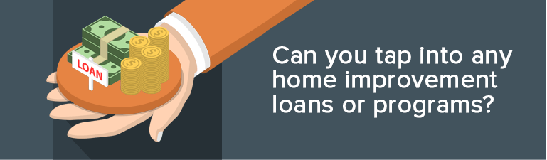 A hand holding cash and coins beside a question about home improvement loans and programs.