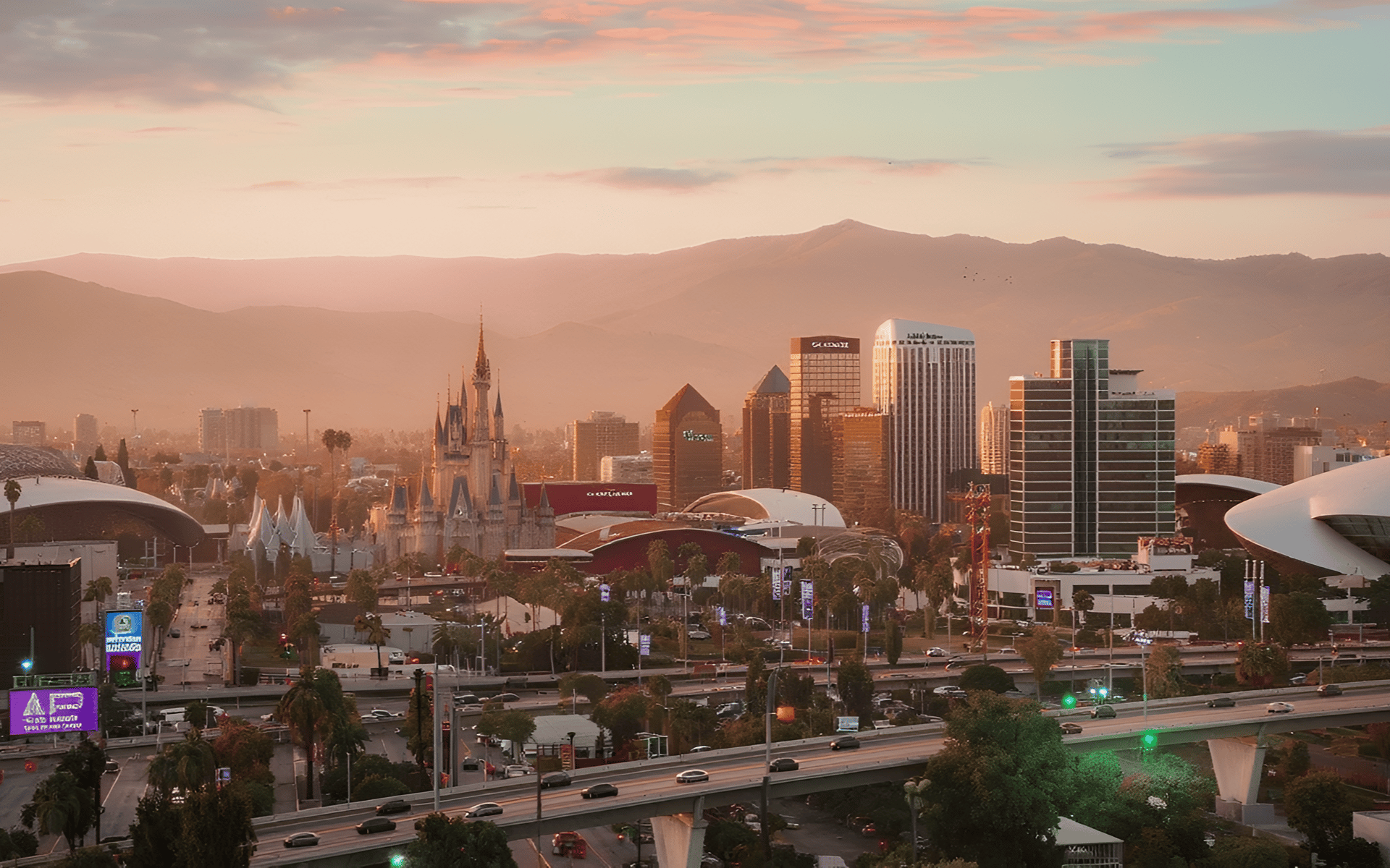 Anaheim skyline at sunset with the Disneyland castle, resort buildings, and mountains beyond.