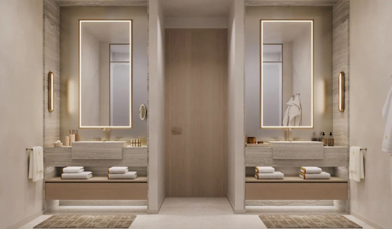 Dual Vanity Bathroom rendering at Banyan Tree Residences in West Palm Beach.