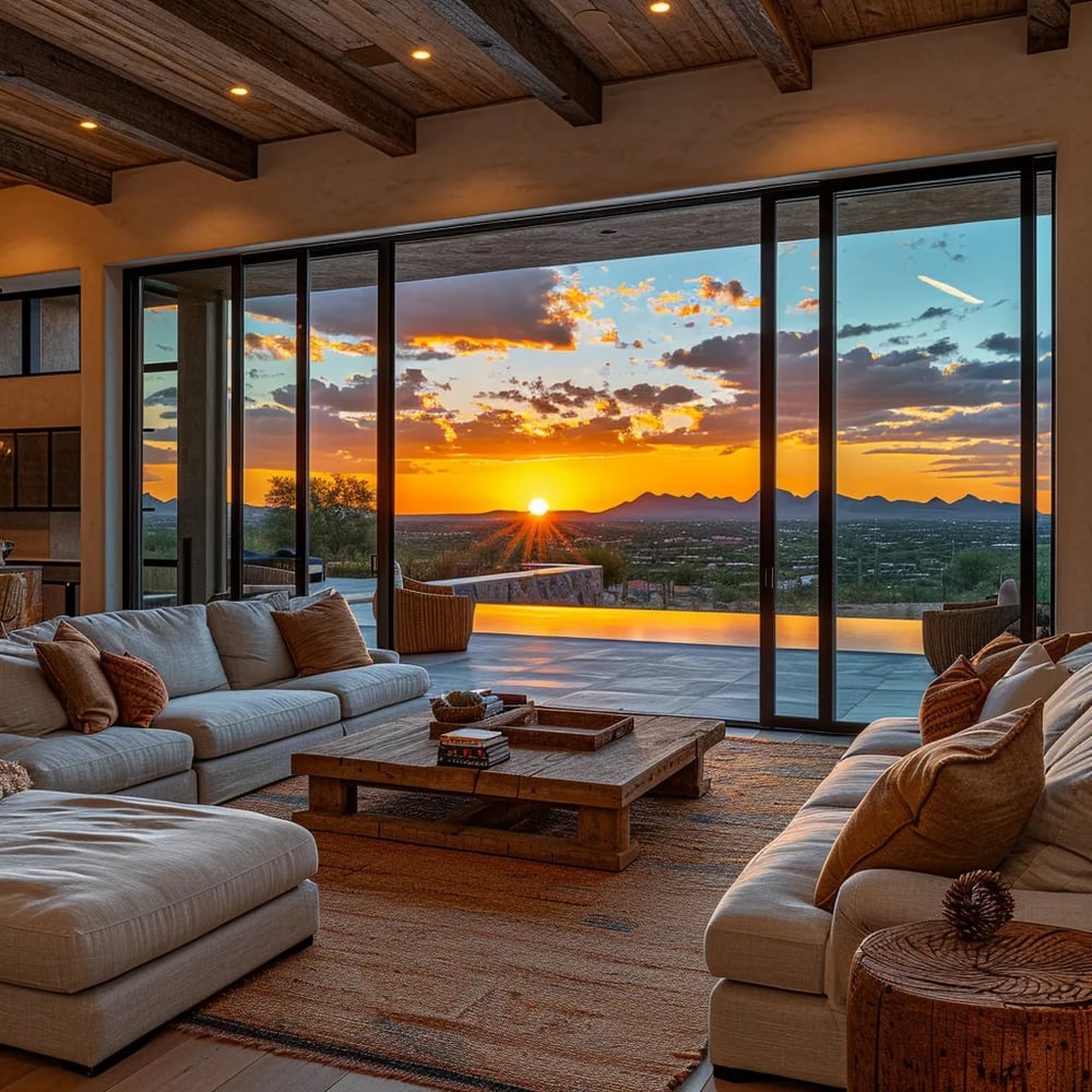 Living room with exposed wood beams and expansive glass doors framing a sunset over the valley and mountains.