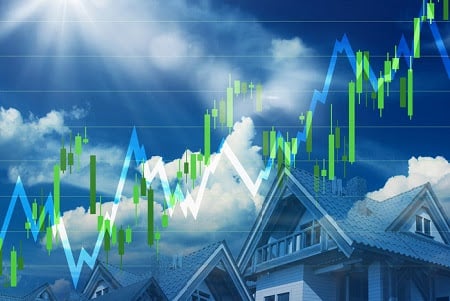 Rising housing market chart over suburban rooftops beneath a cloudy blue sky.