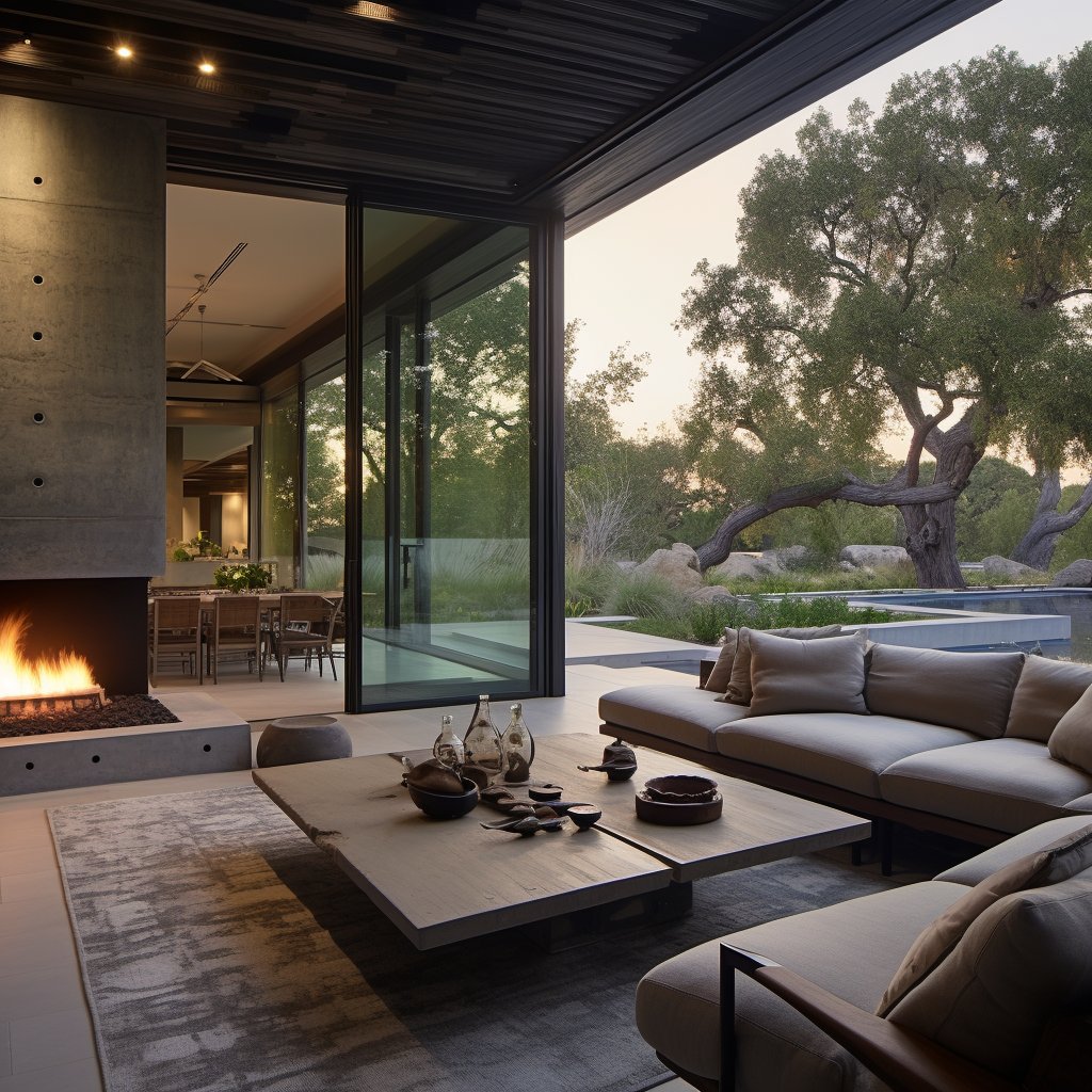 Modern living room with a fireplace and glass walls overlooking a garden pool and mature trees.