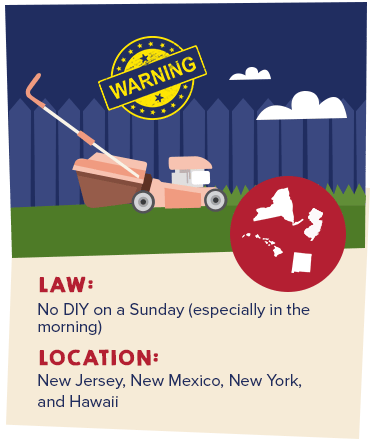 Infographic about Sunday lawn-mowing restrictions in New Jersey, New Mexico, New York, and Hawaii.