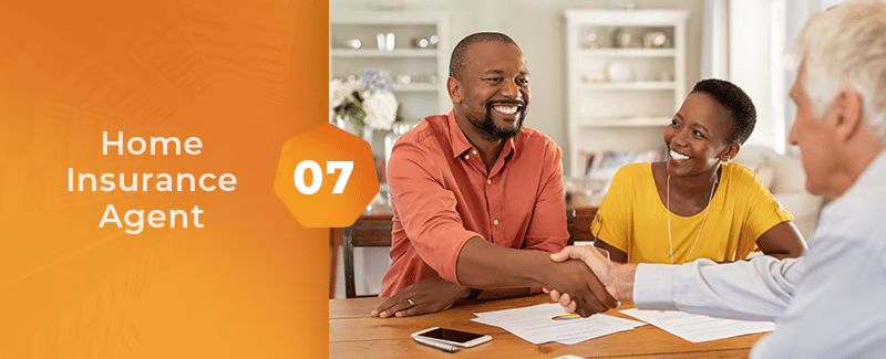 Home Insurance Agent, step 07, as a couple meets with an agent at a table.