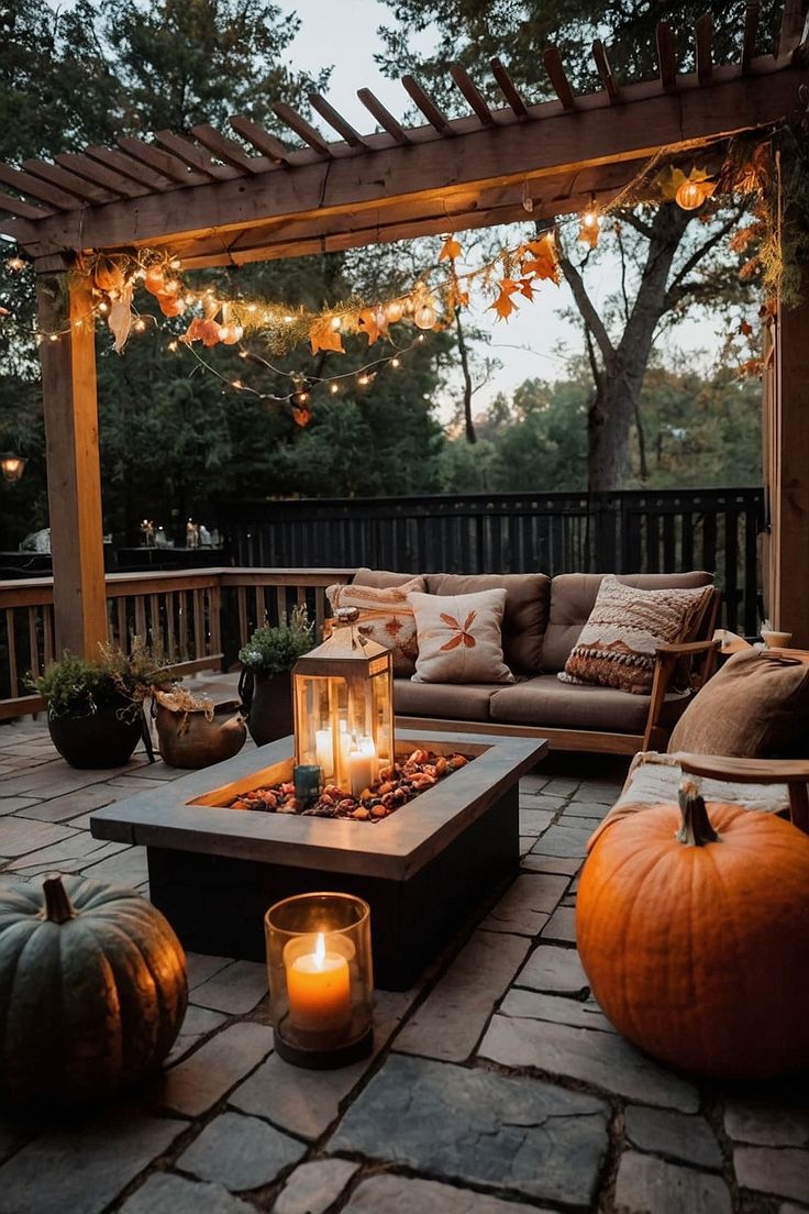Cozy outdoor living space with warm lighting and subtle fall décor for autumn at home