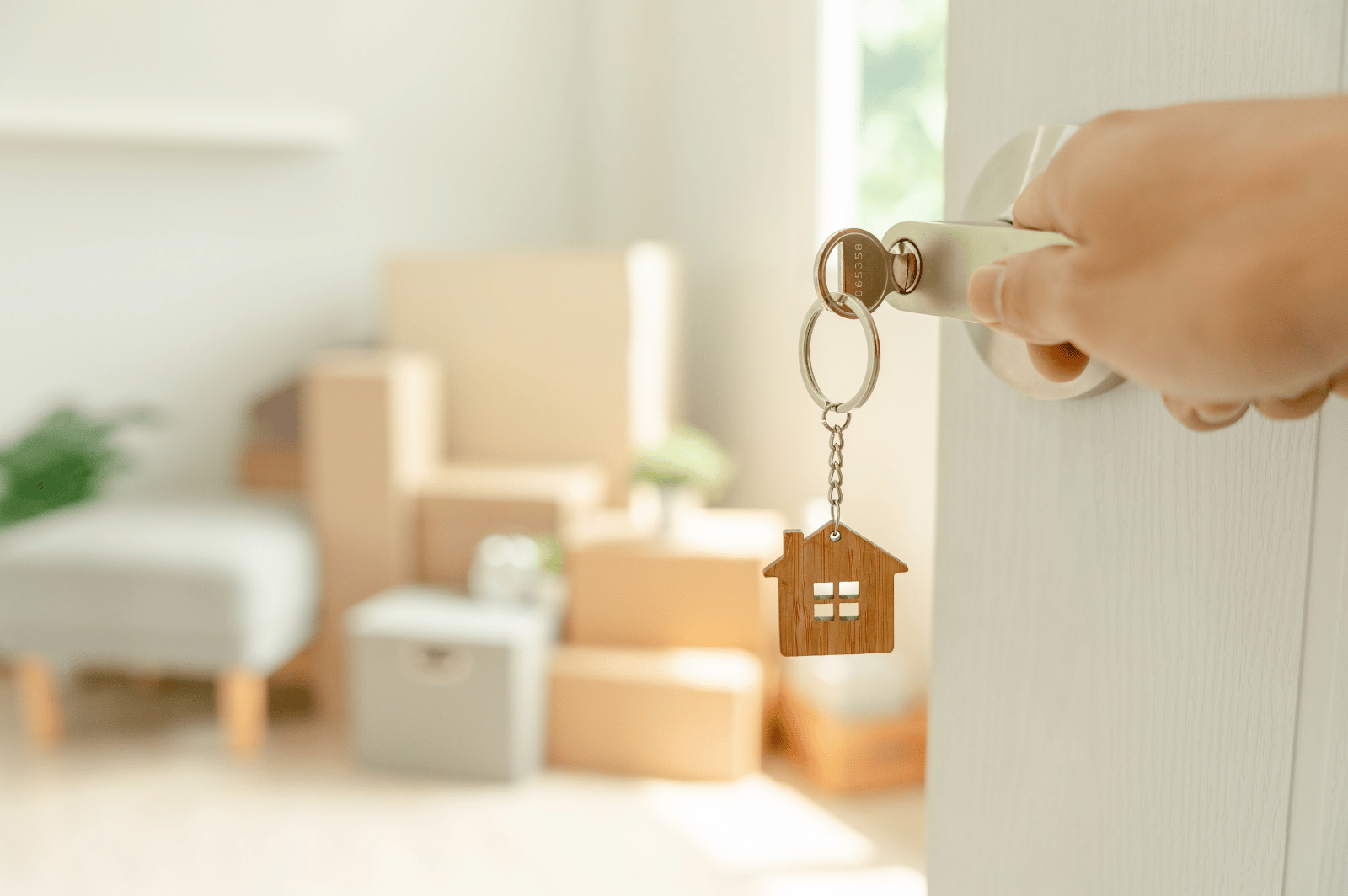 A hand unlocks a door with a house-shaped keychain, while moving boxes sit in the background.