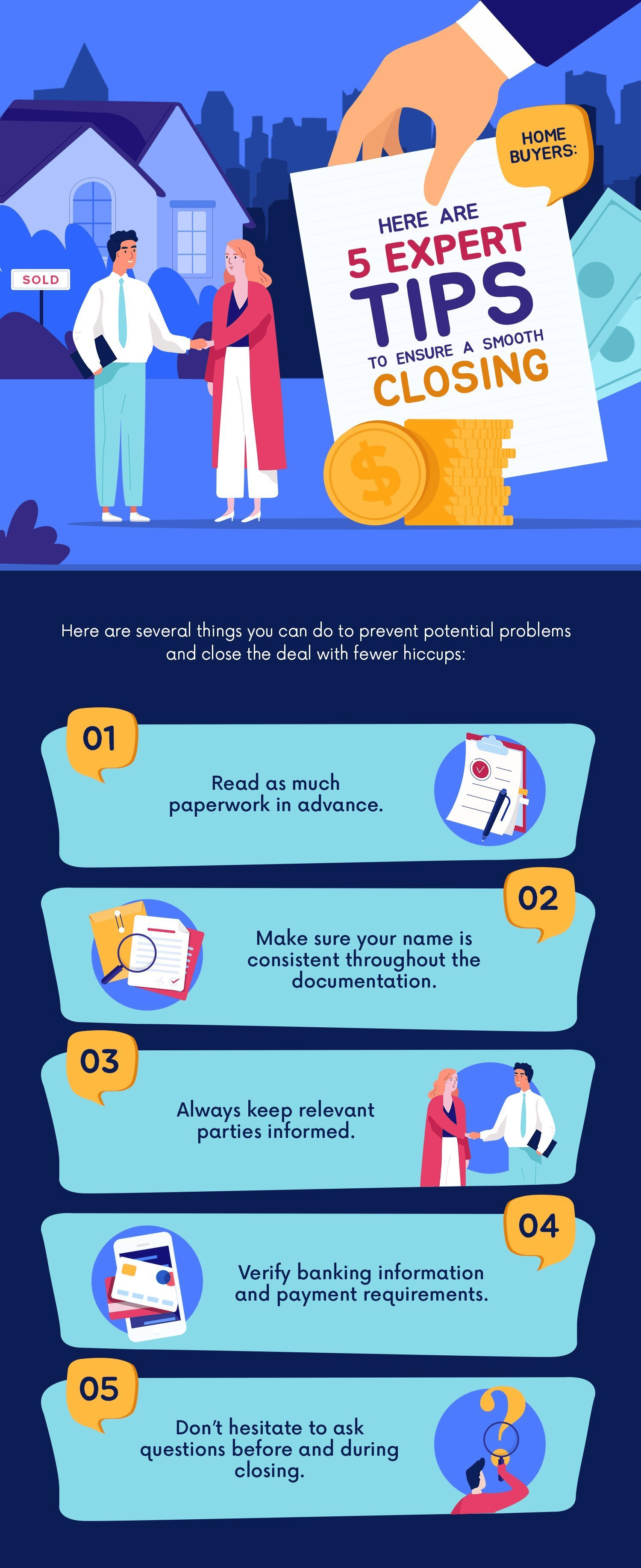 Five expert tips for a smooth home closing, illustrated with buyers, paperwork, payment details, and a sold house.