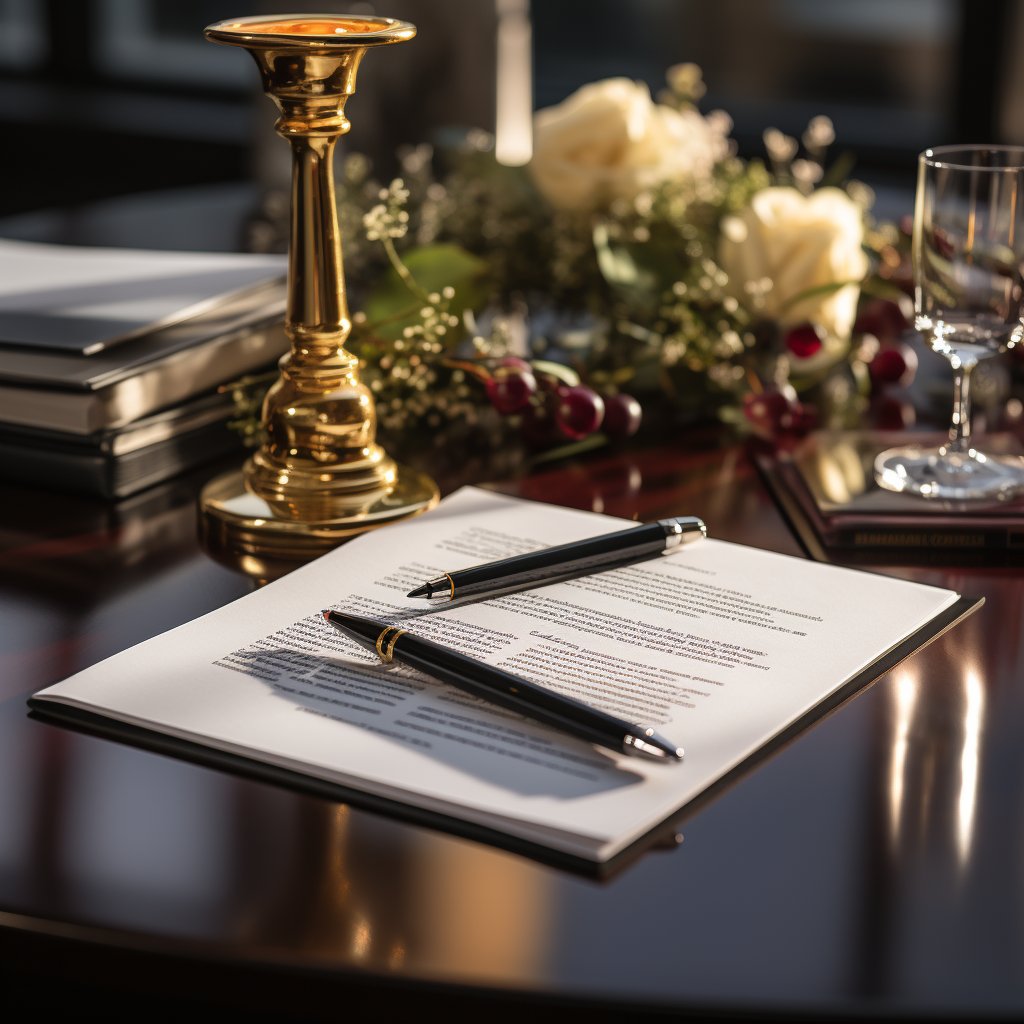 Real estate contract papers and two pens on a dark desk beside flowers and a brass candlestick.