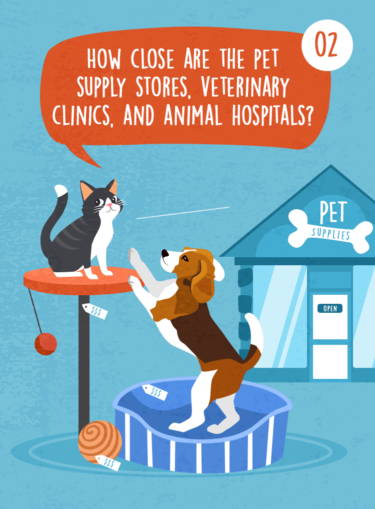 Question 02 asks how close pet stores, veterinary clinics, and animal hospitals are, illustrated with a cat, dog, and pet store.