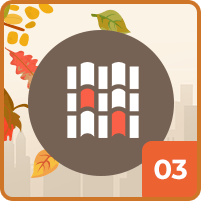 Fall leaves frame a stylized house-window symbol labeled 03.