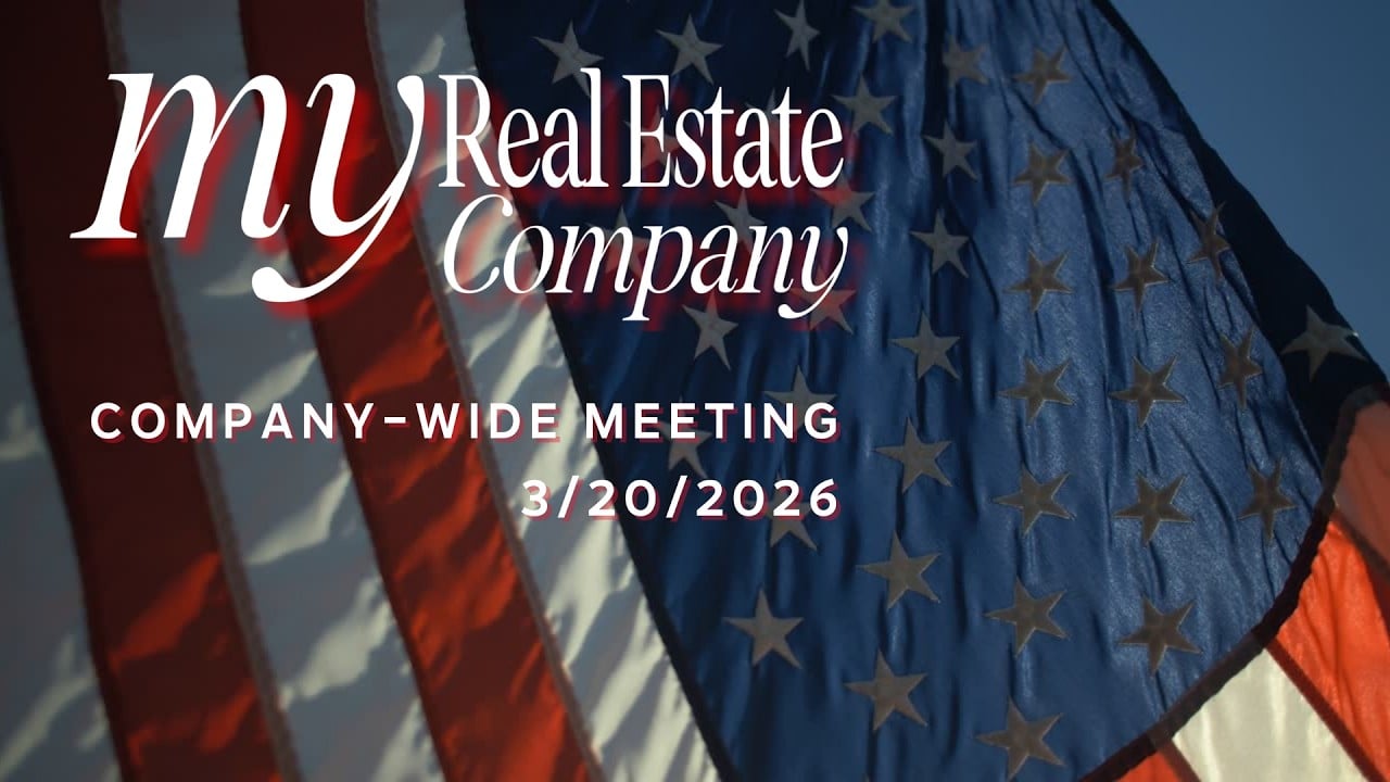 Close-up of an American flag in the background with text overlay reading “My Real Estate Company™ – Company-Wide Meeting 3/20/2026.” The text is centered and prominent, emphasizing the company’s branding and the meeting date.