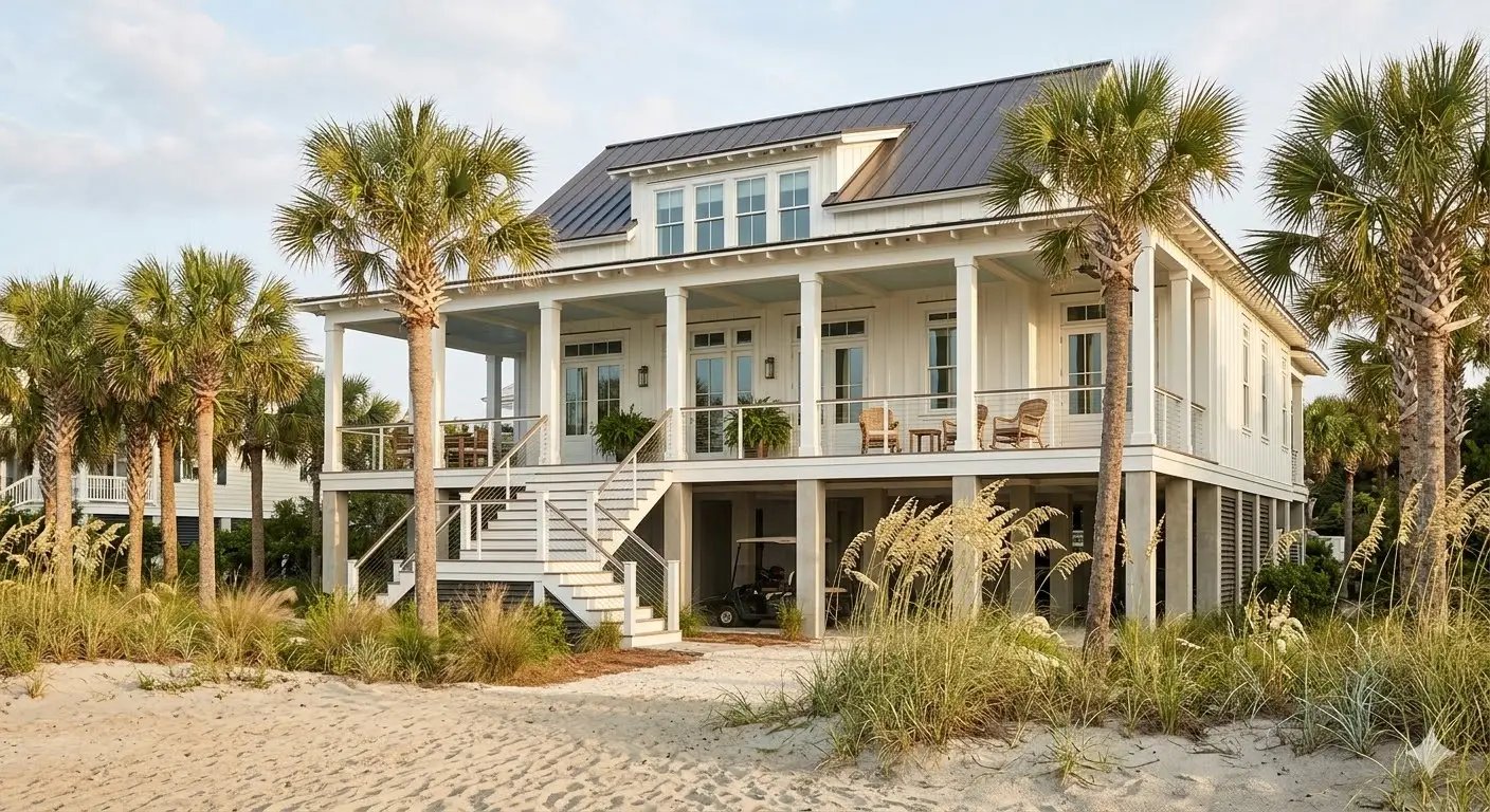 Ground-level view of a elevated Lowcountry-style luxury beach house on Isle of Palms, SC