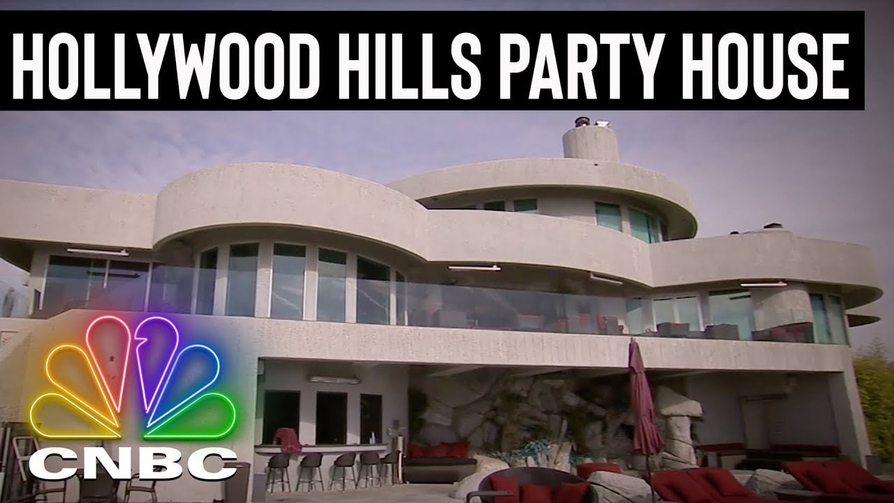 Press graphic featuring a modern Hollywood Hills house and the headline “Hollywood Hills Party House.”