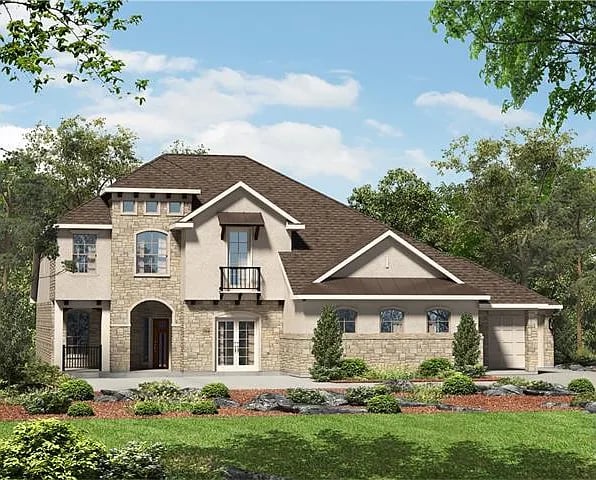 Two-story stone-and-stucco house with an attached garage and landscaped front lawn.