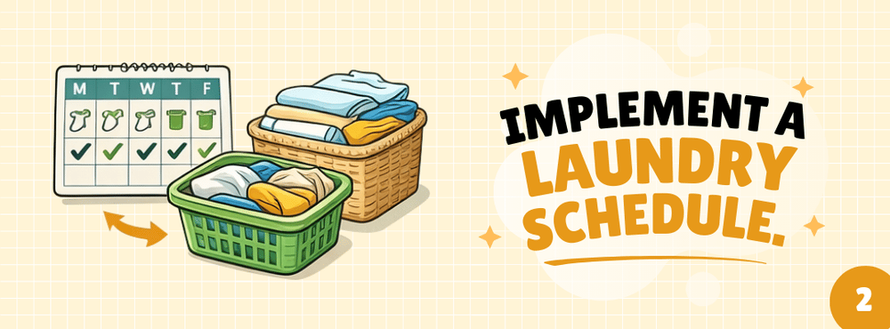 Laundry schedule tip with a checked weekly calendar and baskets of clothes.