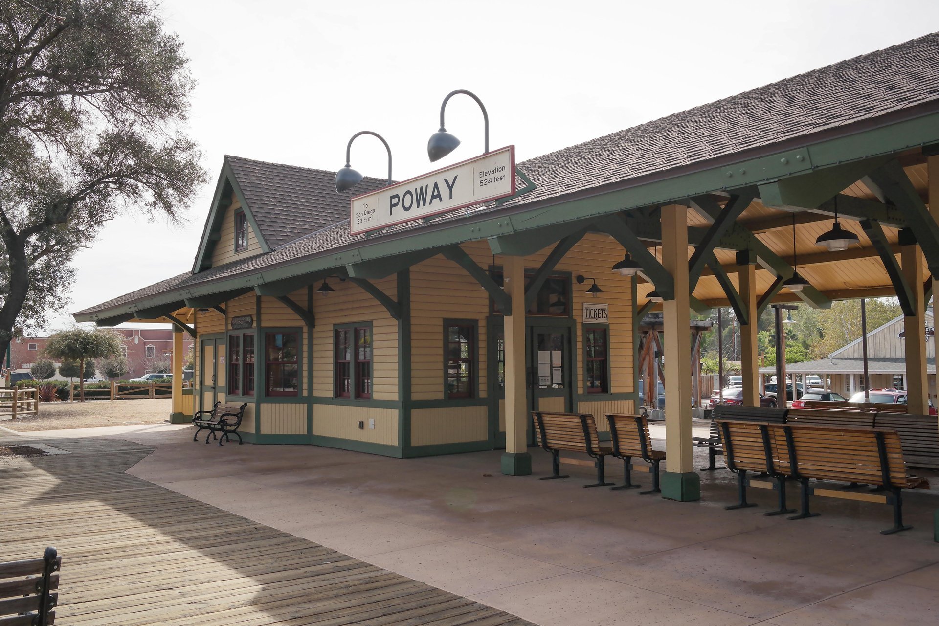 The restored Poway depot platform and ticket window at Old Poway Park in Poway, February 2014
