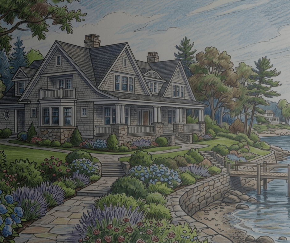 Shingle-style coastal house beside a garden, stone seawall, and wooden dock.