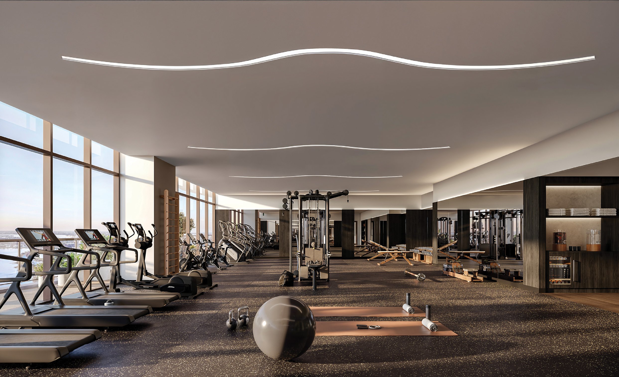Rendering of the fitness center at The Berkeley with cardio and strength equipment beside tall windows