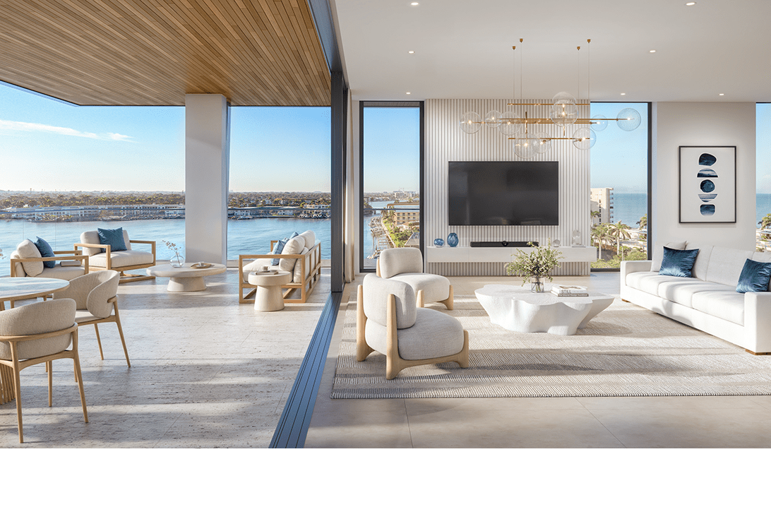 Rendering of a great room with glass walls and bay views at 3300 Gulf Shore, Naples