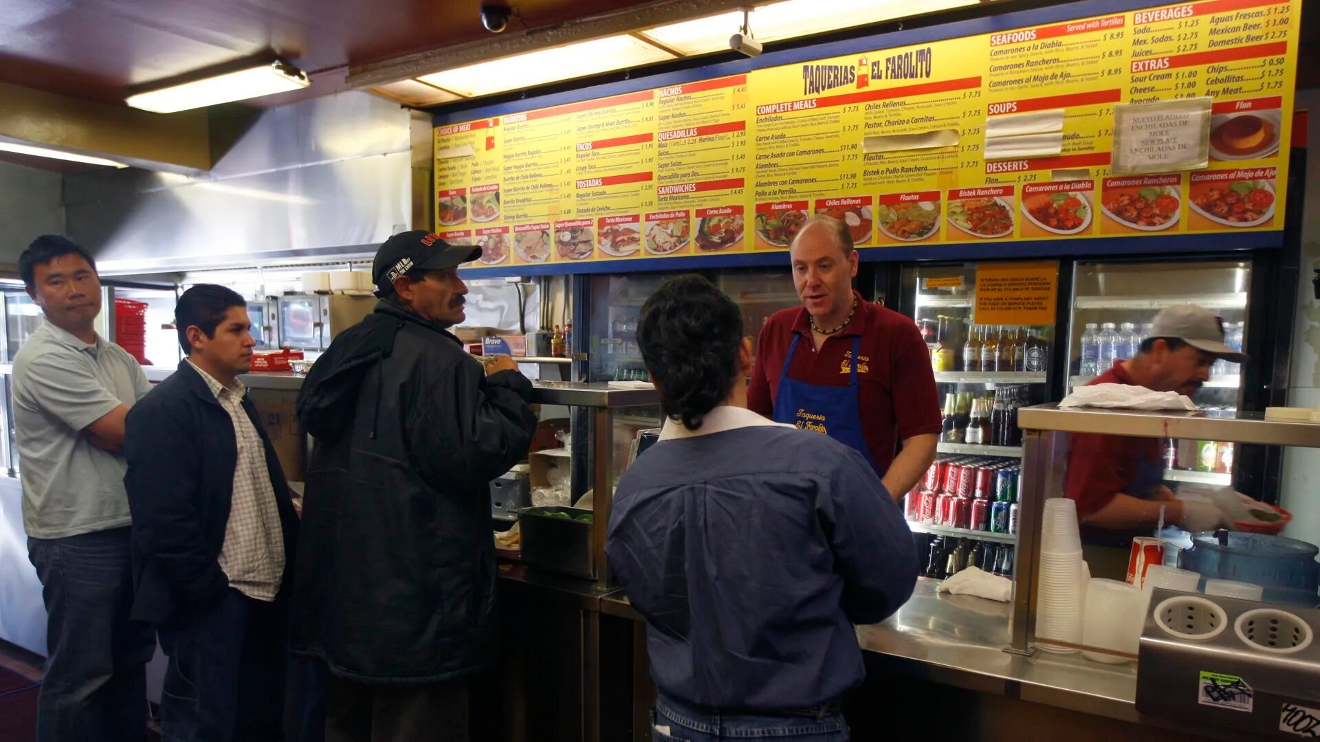 Classic burrito served at El Farolito, a popular taqueria in the Mission District, San Francisco.