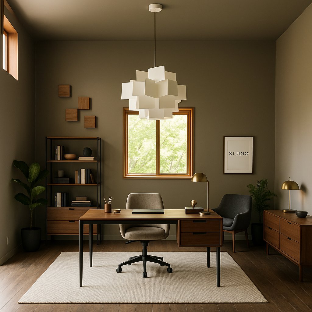 AI concept rendering of a possible use: a private office at 640 Tillery Street, East Austin. Not the current condition.
