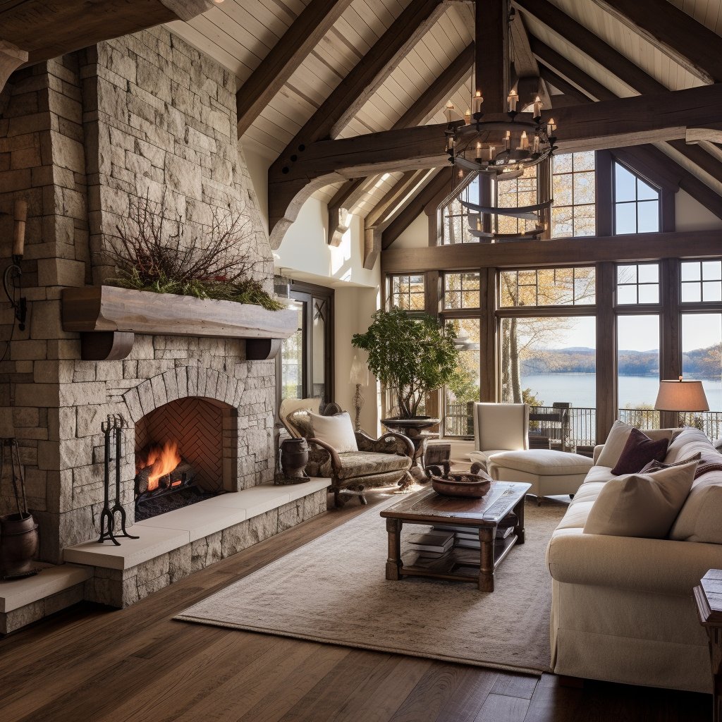 Living room with a stone fireplace, vaulted timber ceiling, and lake views through large windows.