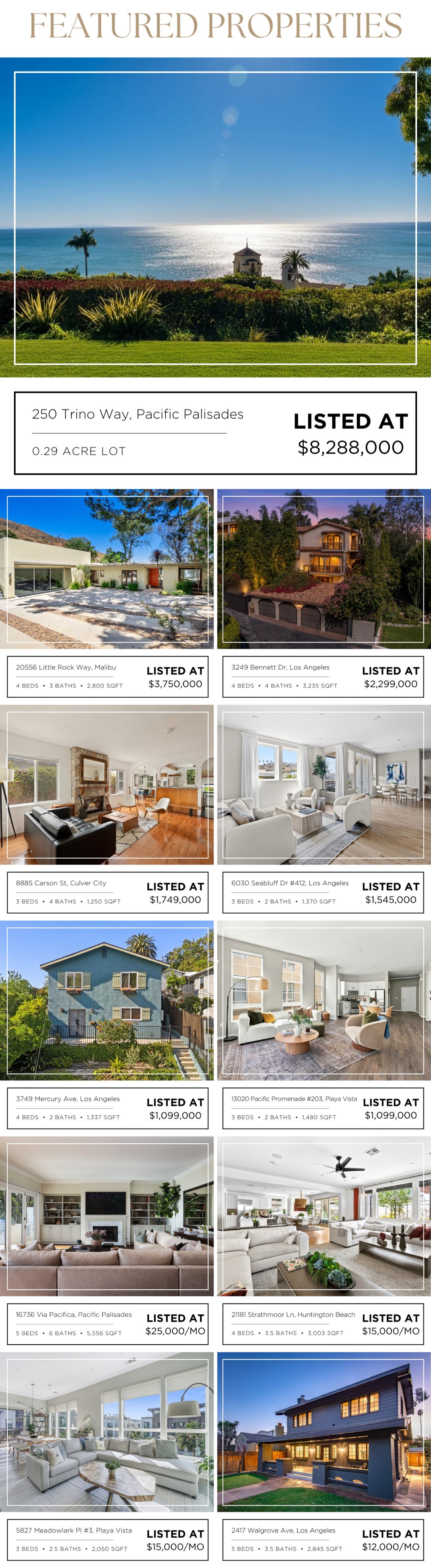 Featured property listings with home photos, addresses, and sale or rental prices.