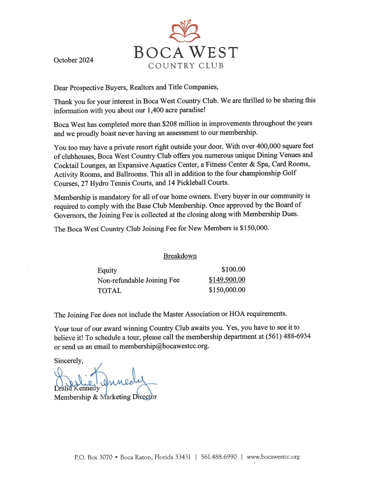  Boca West Joining Letter 2025