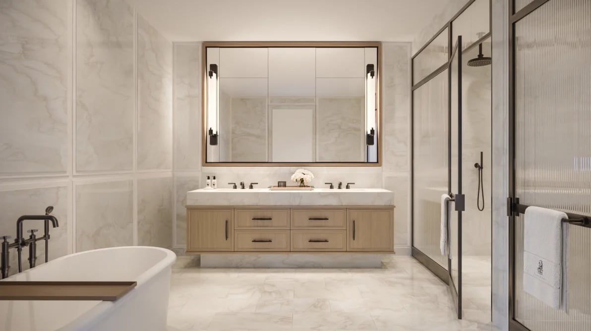 The Ritz-Carlton Residences Fort Lauderdale Beach primary bathroom and shower rendering.