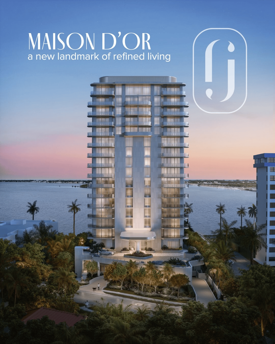 Maison D’Or waterfront residential tower with curved glass balconies and landscaped grounds at dusk.