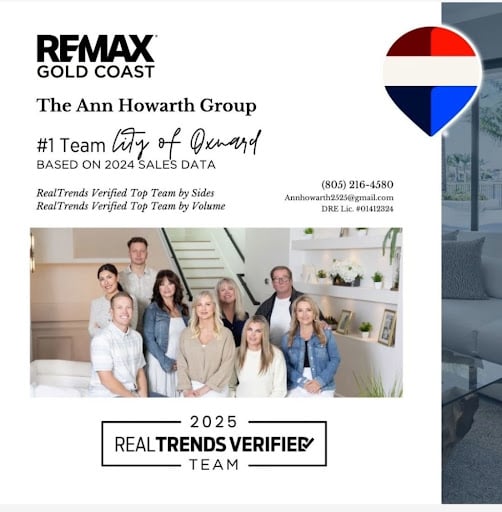 The Ann Howarth Group RE/MAX Gold Coast - #1 Real Estate Team in Oxnard 2024 Sales Data, RealTrends Verified 2025.