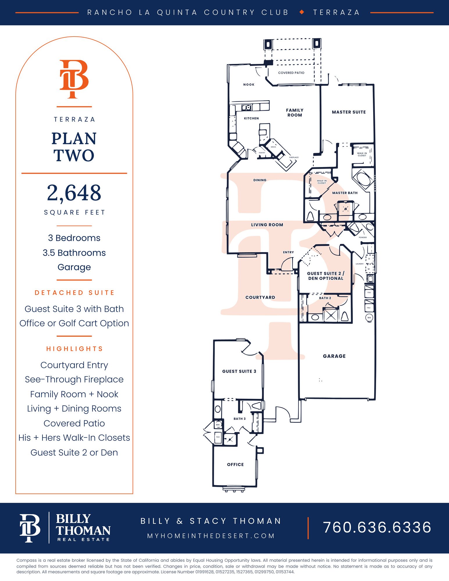 Rancho La Quinta Country Club Terraza 2 floor plan, 3 bedroom 3.5 bath 2,648 sq ft single story home with detached guest suite