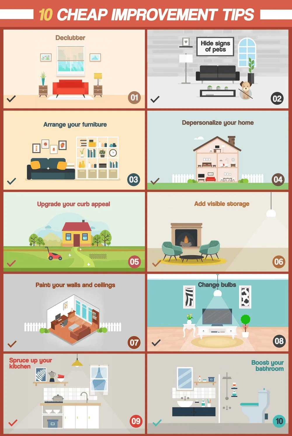 Infographic listing ten cheap home improvement tips, from decluttering and curb appeal to kitchen and bathroom updates.