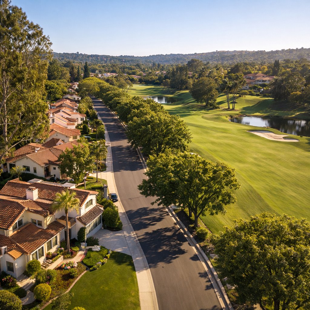 Tree-lined street and single-family homes adjacent to El Niguel Country Club, Laguna Niguel