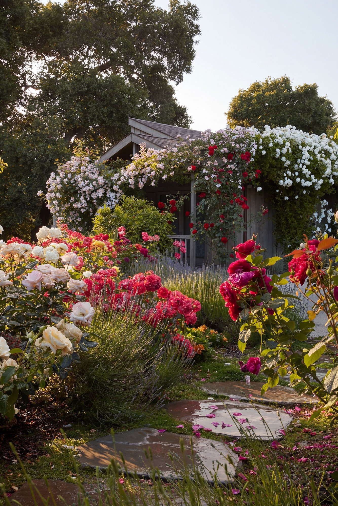 Flower-filled garden with roses and climbing vines around a small wood-sided structure and stone path.