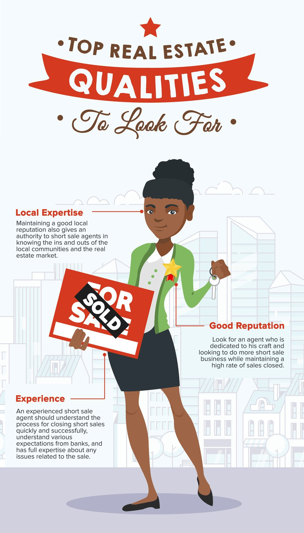 Infographic on short sale agent qualities, featuring an illustrated agent with a sold sign and advice on expertise, reputation, and experience.