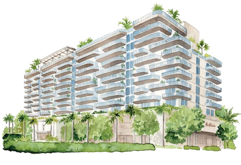 Illustrated rendering of Mr. C Residences Boca Raton with curved balconies and landscaped grounds