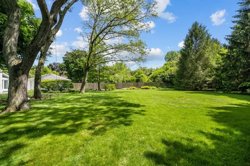 Spacious backyard lawn shaded by mature trees, with a wooden fence along the rear.