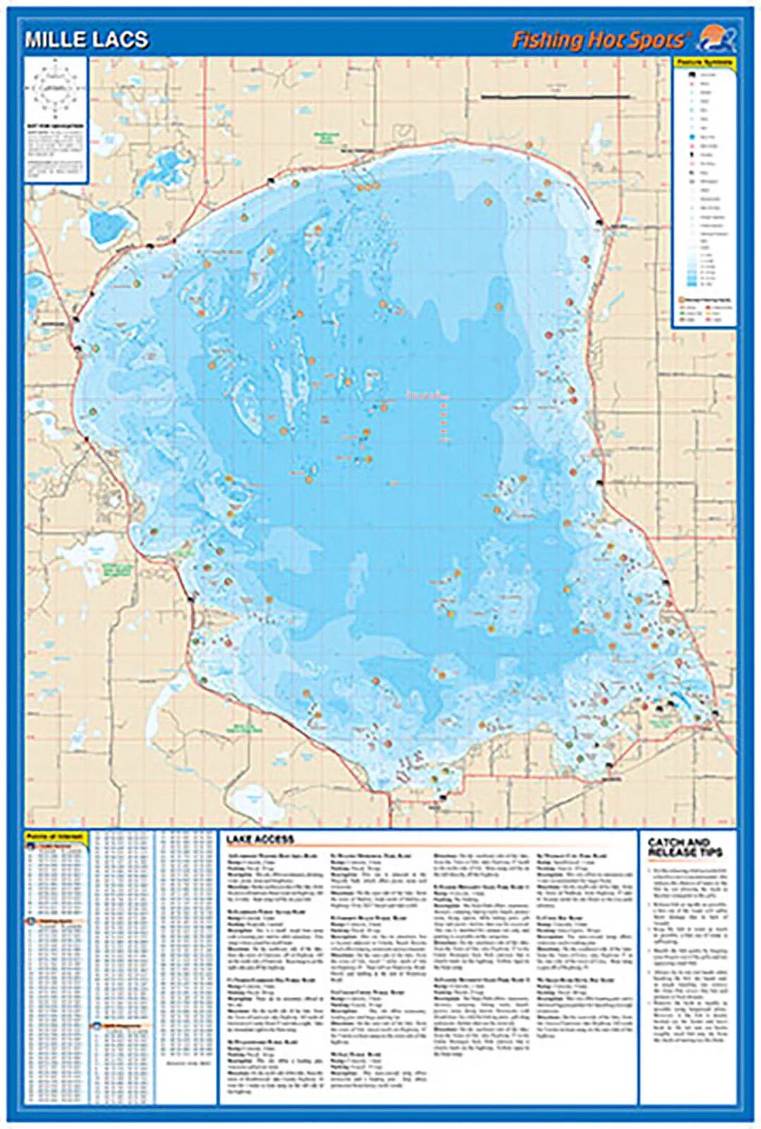 Mille Lacs fishing map with marked hot spots and lake access information.