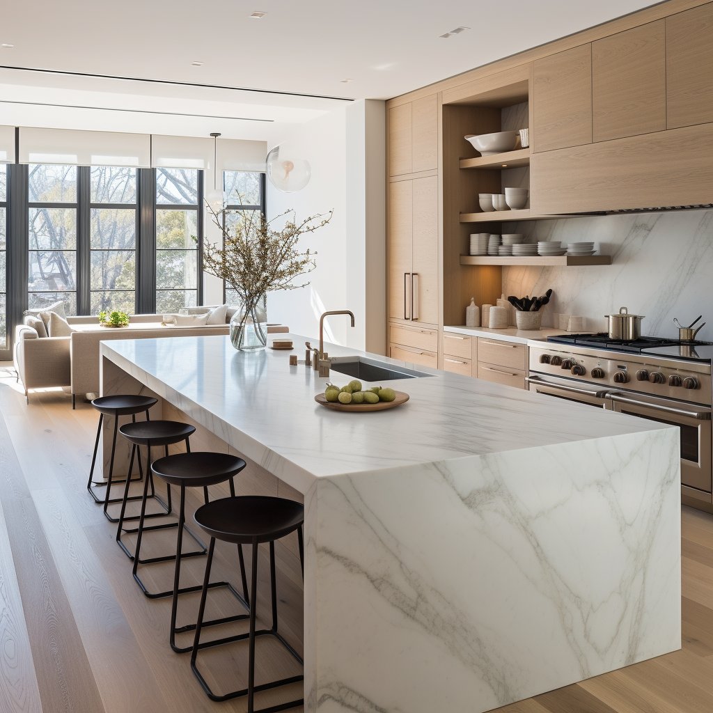 Modern kitchen with a large marble island, light wood cabinets, and black-framed windows.
