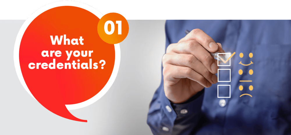 Question 1: What are your credentials? A hand marks a checklist.