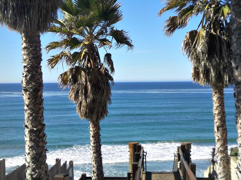 Staircase leading to Grandview Beach in Leucadia, one of Encinitas' most popular beaches known for surfing, scenic coastal views, and beach access.