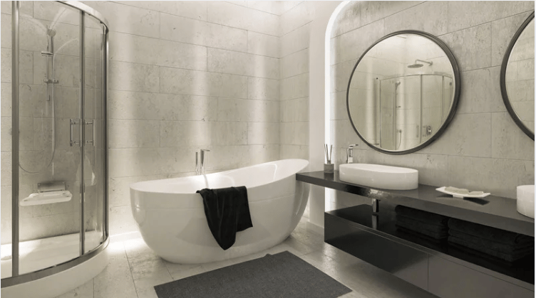 Contemporary bathroom with a freestanding tub, curved glass shower, and dark vanity beneath a round mirror.