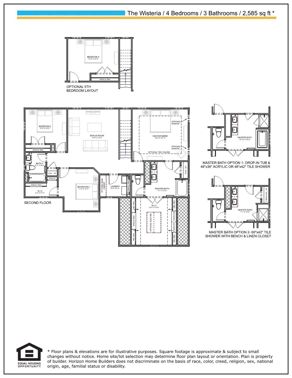 Wisteria second-floor floor plan with optional fifth bedroom and two master bathroom layouts.