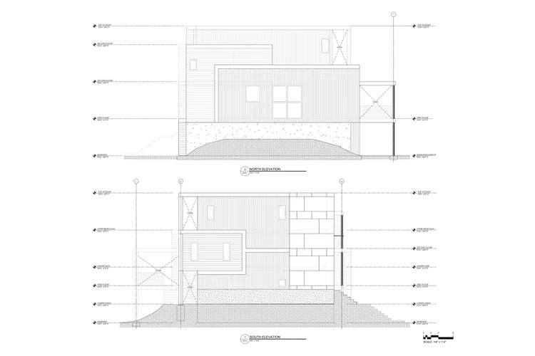 North and south elevation drawings of a modern lakefront home with windows and exterior details.