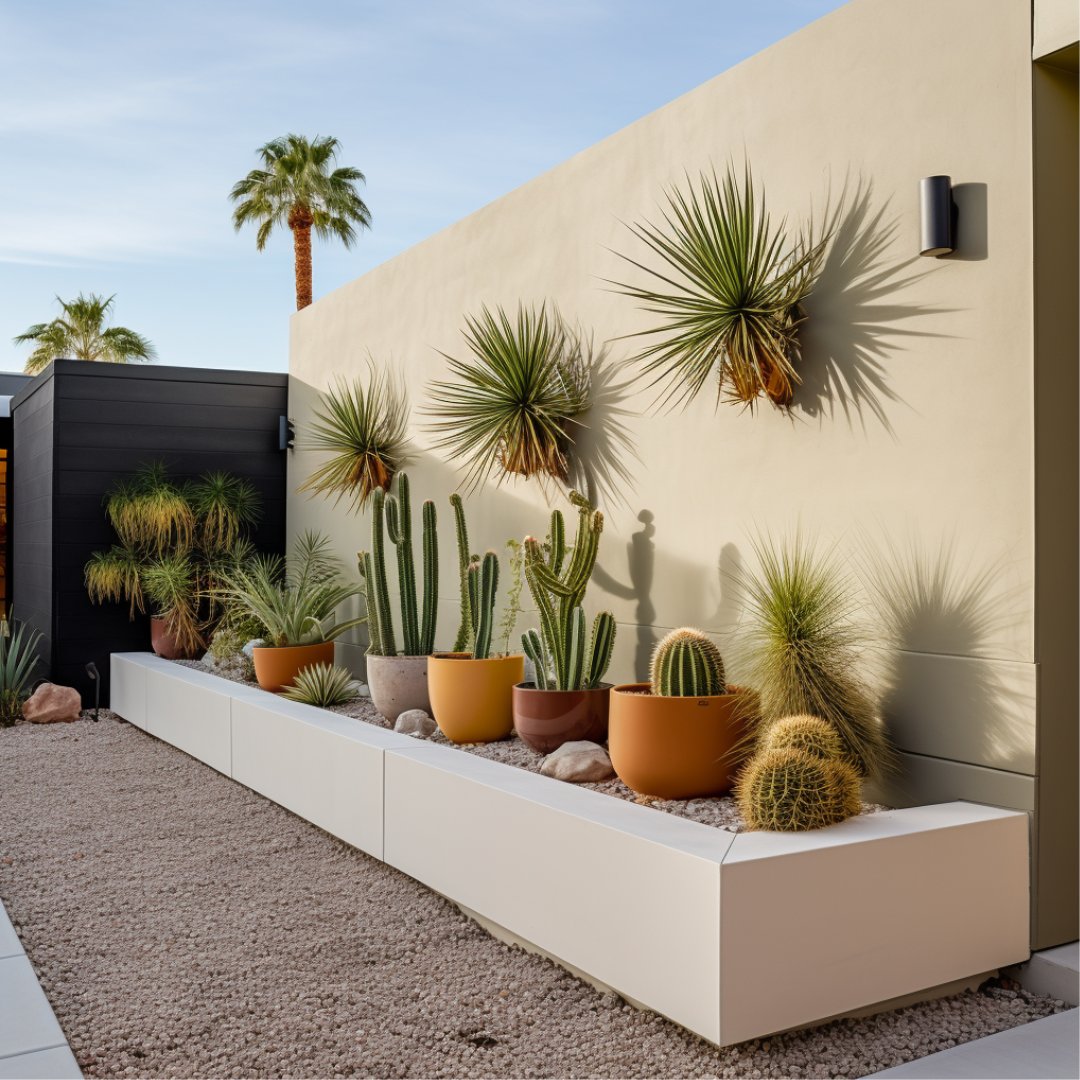 Desert garden with cacti and spiky plants in a raised white planter beside a cream wall.