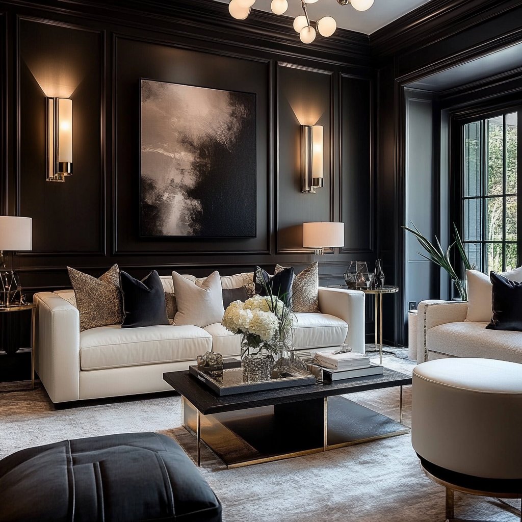Living room with white sofas, dramatic black paneling, abstract art, and tall windows.
