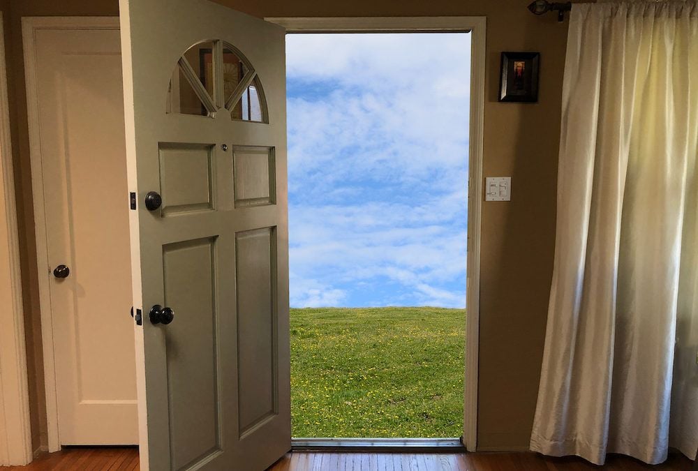 Open paneled front door frames a green field beneath a cloudy blue sky.